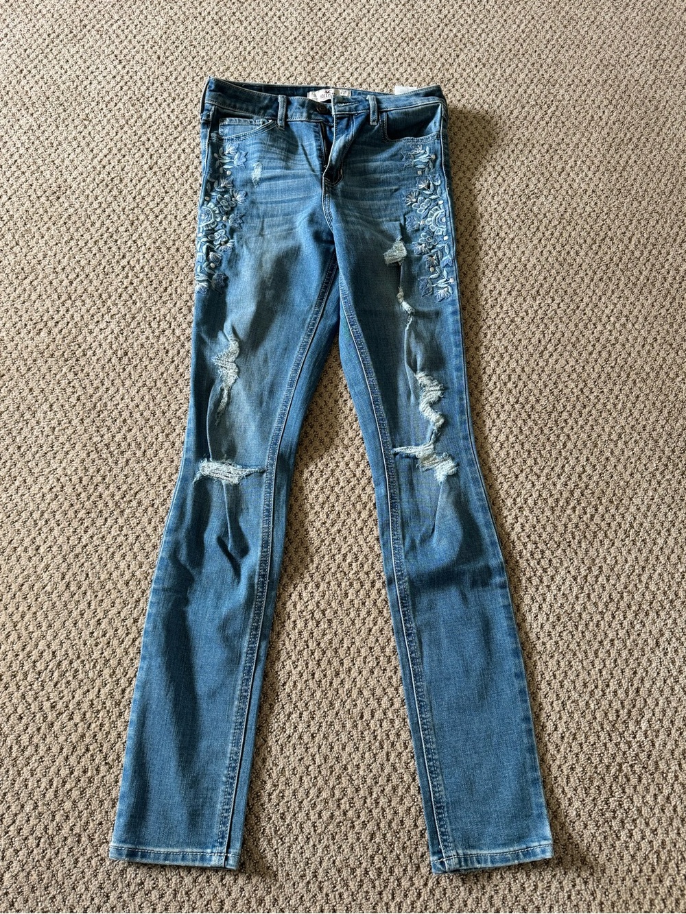 Hollister Blue Embroidered Ripped Skinny Jeans